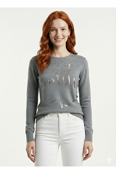 Neden Tekstil Women's Knitwear Long Sleeve Gray Foil Printed Blouse