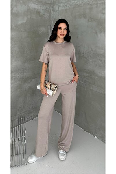 GizSu Butik Vizon Rengi Taş Detaylı Bluz ve Bol Paça Eşofman Altı İkili Takım