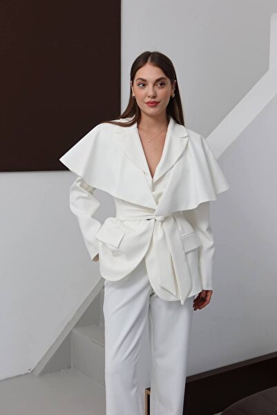 Zey Studio Women's White Detachable Cape Detailed Jacket and Pants Set