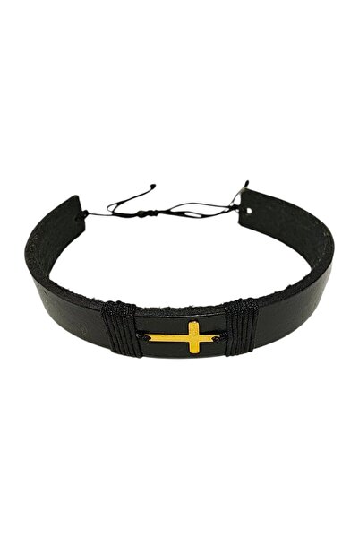 Zephyrs Bijoux Leather bracelet with 8K gold cross (Au 333)