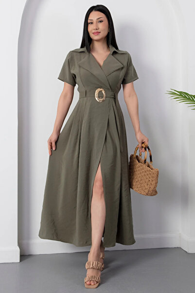 MOZENA Shirt Collar Buckle Belted Dress