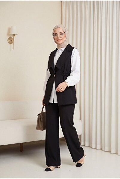 Modamorfo Double-breasted collar elastic waist vest pants modal set - black