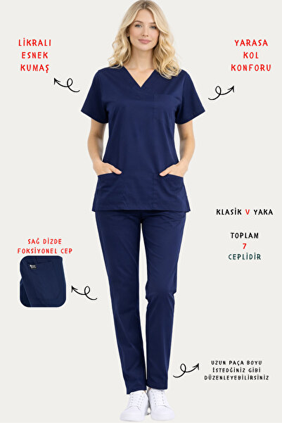 İNCİ ÜNİFORMA Lacivert Likralı Kadın Scrubs Takım Hemşire Doktor Forması V Ya...