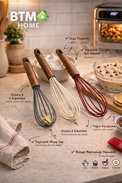 btm home 3-Piece Silicone Whisk Set with Wooden Handle Egg Cream Dough Mixer ...