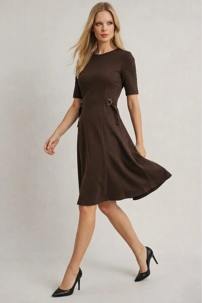 Cool & Sexy Women's Waist Buckle Detail Modal Fabric Mid-Length Dress Brown