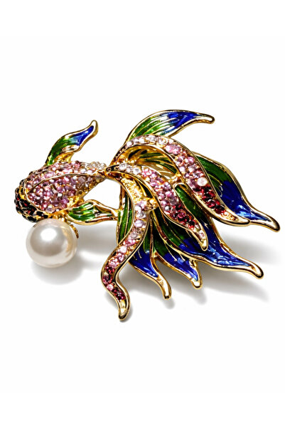Hugs and Gifts Renkli Koi Balık Figürlü İncili Pembe Broş – Taş Detaylı Gold ...