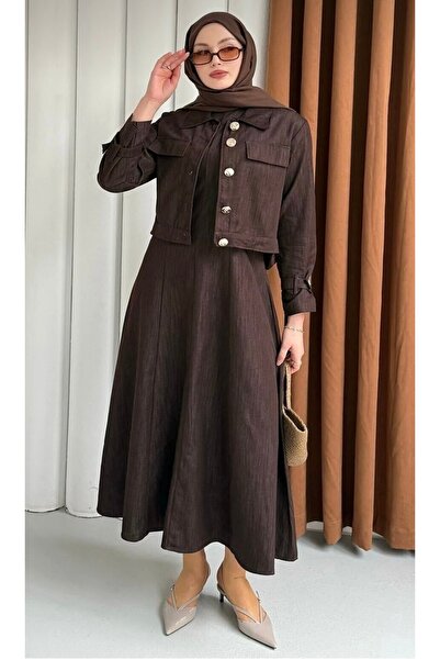 HATUN Kahverengi Gold Düğmeli Crop Ceket ve Jile Kot Takım