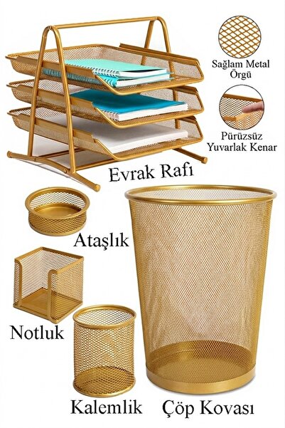 Artlantis Altın Sarı Metal Evrak Rafı 3 lü Masaüstü Kalemlik 3 lü ve Fileli Ç...