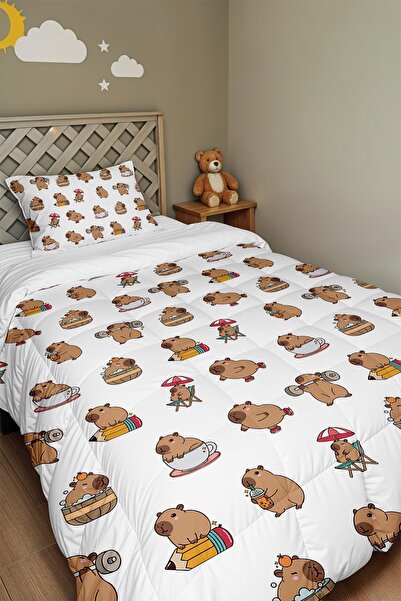 EVPANYA Kapibara's Tranquil Garden Patterned Single Duvet and Pillowcase