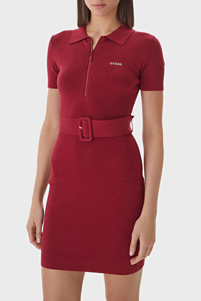 Guess Laurene Slim Fit Belt Detailed Zippered Polo Collar Knitwear Dress V6Rk...