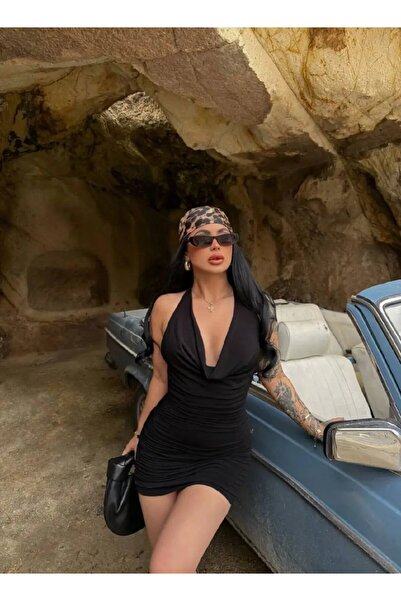 Cool & Sexy Black Draped Halter Neck Mini Dress – Stylish Bodycon Evening Dress