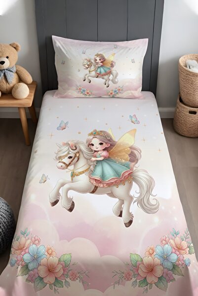 EVPANYA Peri Prenses ve Unicorn Desenli Yatak Örtüsü ve Yastık Kılıfı