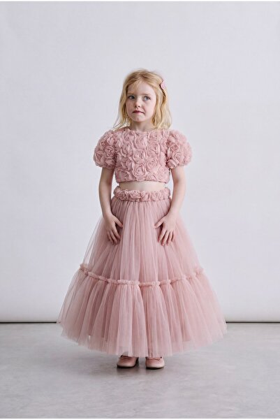 Magu Girl's Cotton Powder Rose Appliqué Blouse Skirt Set