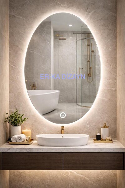 ER-KA DİZAYN 70X40 ELİPS AYNA Led'li Lavabo & Banyo Aynası (Dokunmatik Sensör...