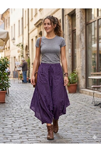 AYASOFYA OTANTIK Women's Indian Purple Elastic Waist 100% Cotton Shalwar Skir...