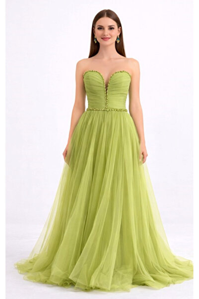 ÖMÜR INN KADIN ABİYE DRAPELİ TAŞ DETAYLI STRAPLEZ UZUN ŞIK DAVET ELBİSESİ