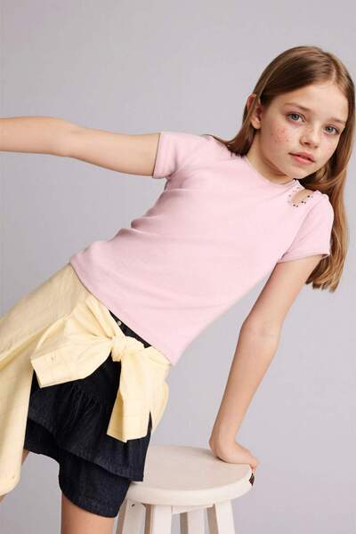 DeFacto Crew Neck Ribbed Camisole Short Sleeve T-Shirt Girls H0066A826Sm