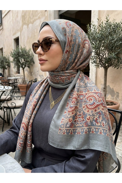 Nazellaa Ethnic Patterned Petrol Gray Ribbed Tile Soft Shawl