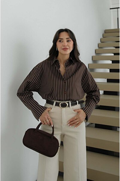 Havoş Kahverengi Sırt Pliseli Çizgili Gömlek