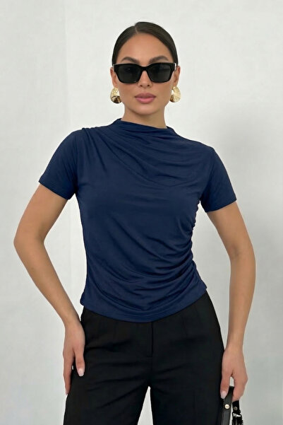 spirituel Tricou de damă cu mânecă scurtă, cu detaliu drapat la guler și tali...