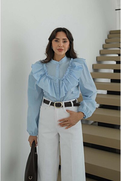 Havoş Cămașă albastră Muni cu detaliu de volane în față