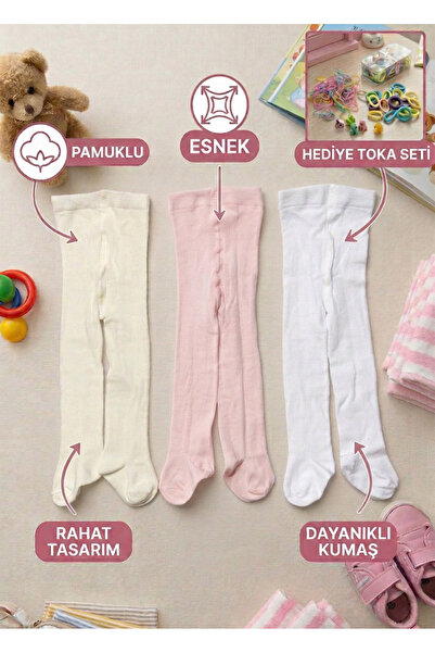 senihan 3-Piece Cotton Flexible Baby Kids Pantyhose Set (Ecru-Pink-White) + G...
