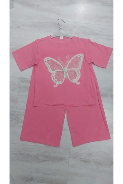 wees mod Girl's Butterfly Embroidered Set, Cotton Summer Stylish and Comfortable 2-Piece Set