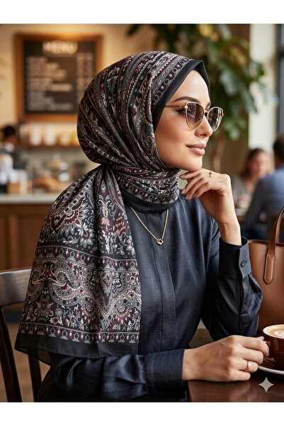 Nazellaa Ethnic Patterned Black Ribbed Burgundy Soft Shawl