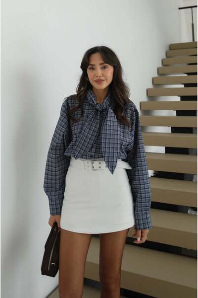 Havoş Navy Blue Plaid Shirt with Scarf Collar Detail