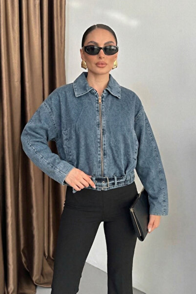 spirituel Women's Denim Jacket Short Zipper Long Sleeve Drop Shoulder Belted ...