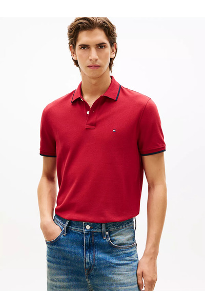 Tommy Hilfiger Men's Button Closure Short Sleeve 100% Cotton Red Polo Collar ...