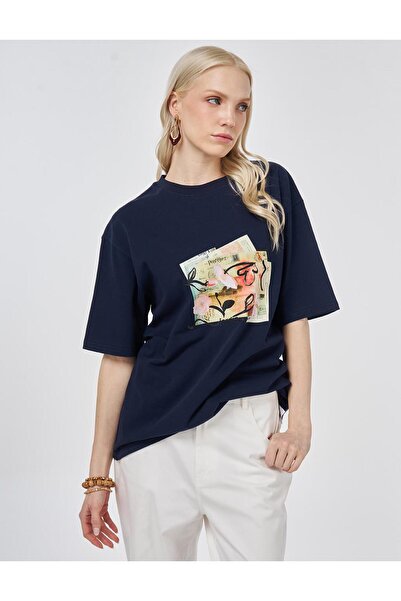 Kayra Baskı Detaylı T-shirt Koyu Lacivert