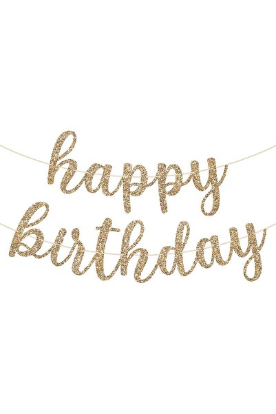 Arabest Gold Glitter Happy Birthday Banner, Pre-Assembled Script Garland, 6ft...