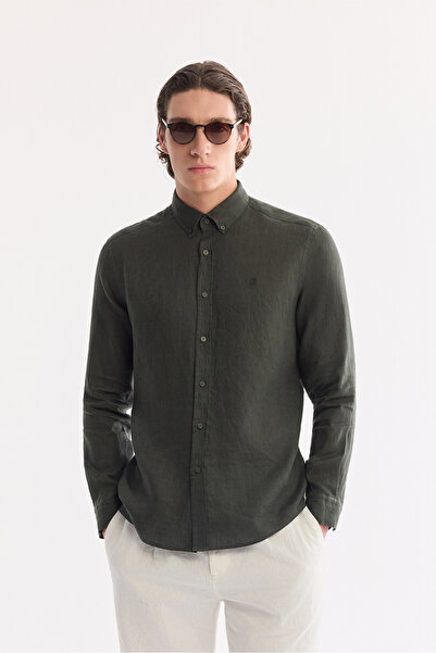 Avva Ανδρικό πουκάμισο με σκούρο πράσινο γιακά με κουμπιά, 100% λινό, μακρυμά...