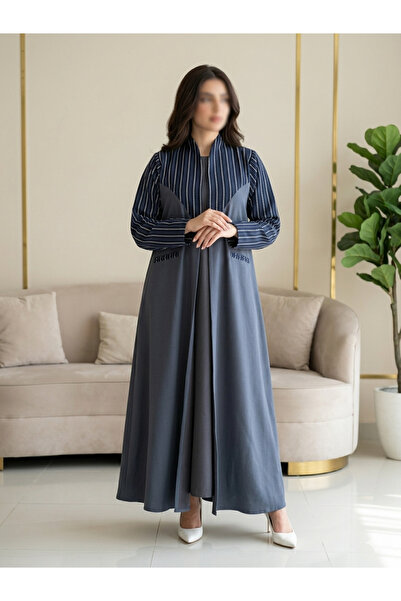Shamouk Luxury Open Abaya for Women – Elegant Grey Flowing Design with Stripe...