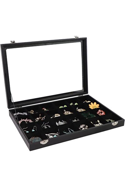 Arabest 24 Grid Black Velvet Jewelry Case,with Transparent Glass Lid,for Home...
