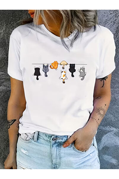LİNA06 Women's Casual Short Sleeve T-Shirt with Cute Cartoon Cat Design