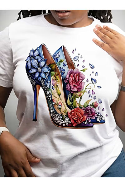 LİNA06 High Heels & Floral Print T-shirt, Short Sleeve Crew Neck Casual Top f...