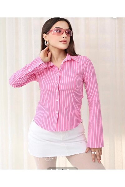 Alizstore Pembe Çizgili Slim Fit Kadın Gömlek – Şık ve Modern Tasarım