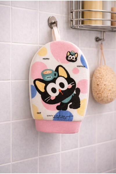LIFF Kedi Desenli Banyo Kesesi | Yumuşak Duş Lifi | Askılı Banyo Eldiveni | Ç...