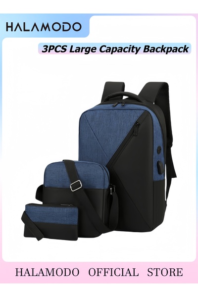 HALAMODO 3 Pieces Set of Simple Computer Bag Large Capacity Backpack with USB...