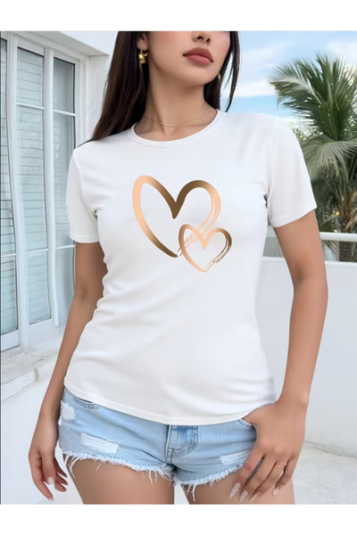 LİNA06 Heart-Shaped Pattern T-Shirt Print, Women'S Short-Sleeve Sports T-Shir...