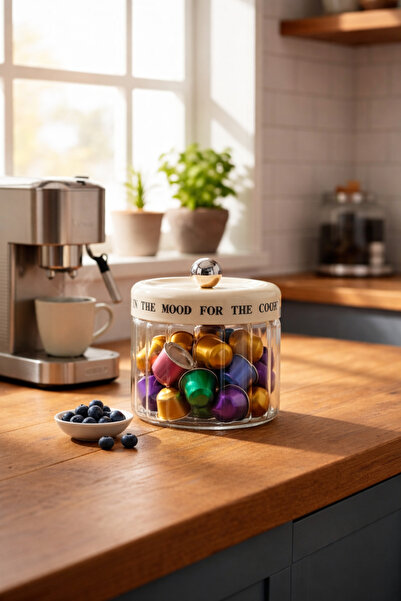 Paşabahçe Lüks Cam Kahve Kapsül Kutusu Krem Kapaklı | Nespresso Kapsül Saklam...
