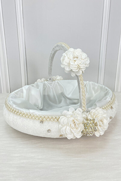 ZEYMERADE White Bridal Basket, Decorated with Velvet, Pearls, Shiny Stones an...