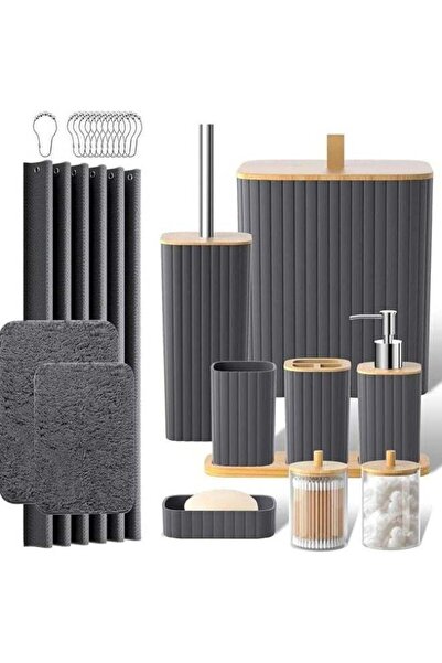 Arabest طقم إكسسوارات حمام مكون من 24 قطعة مع ستارة دش وسجاد، باللون الرمادي