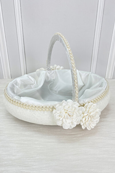 ZEYMERADE White Bridal Basket, Velvet, Rose and Pearl Decorations, Henna Nigh...