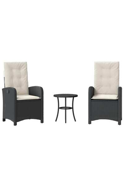 vidaxl Set bistro cu perne, 3 piese, negru, poliratan