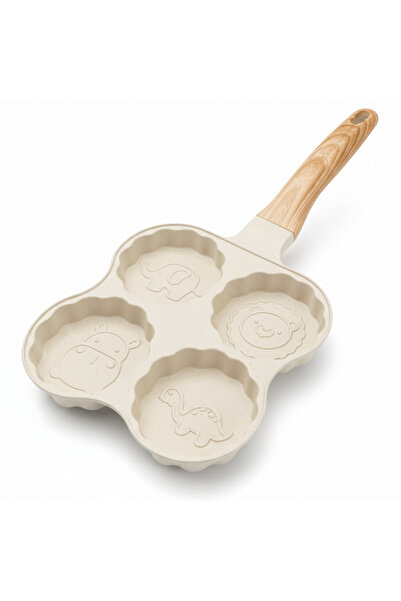 AKDC 4-Compartment Non-Stick Egg Frying Pan with Wooden Handle – Beige, 19 cm