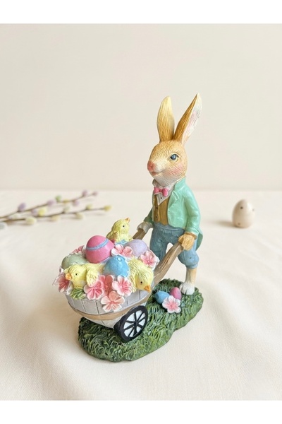 OEM Easter Decorative Figurine, Bunny with Wheelbarrow, Chicks and Flowers, M...