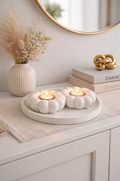 BUBUHOMEDECOR Beyaz çiçekli 2li tabaklı Set